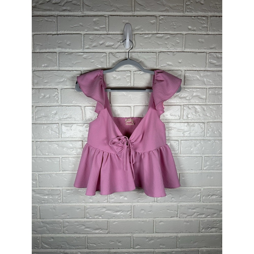Urban Outfitters L Pink Ruffle Peplum Tie Front Crop Top Cottagecore‎